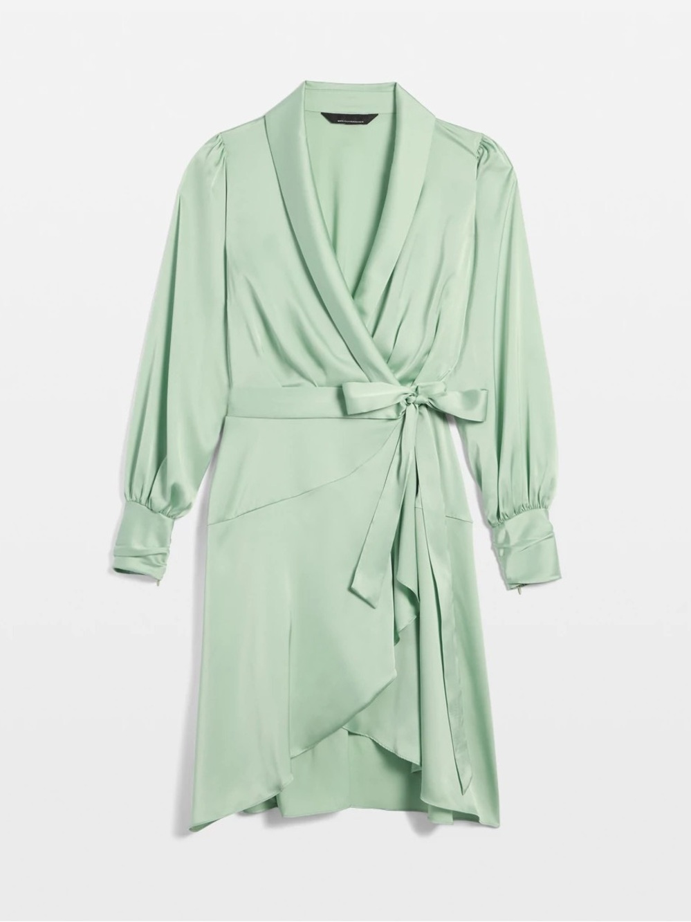 WHBM Long Sleeve Satin Wrap Dress in Green - 8